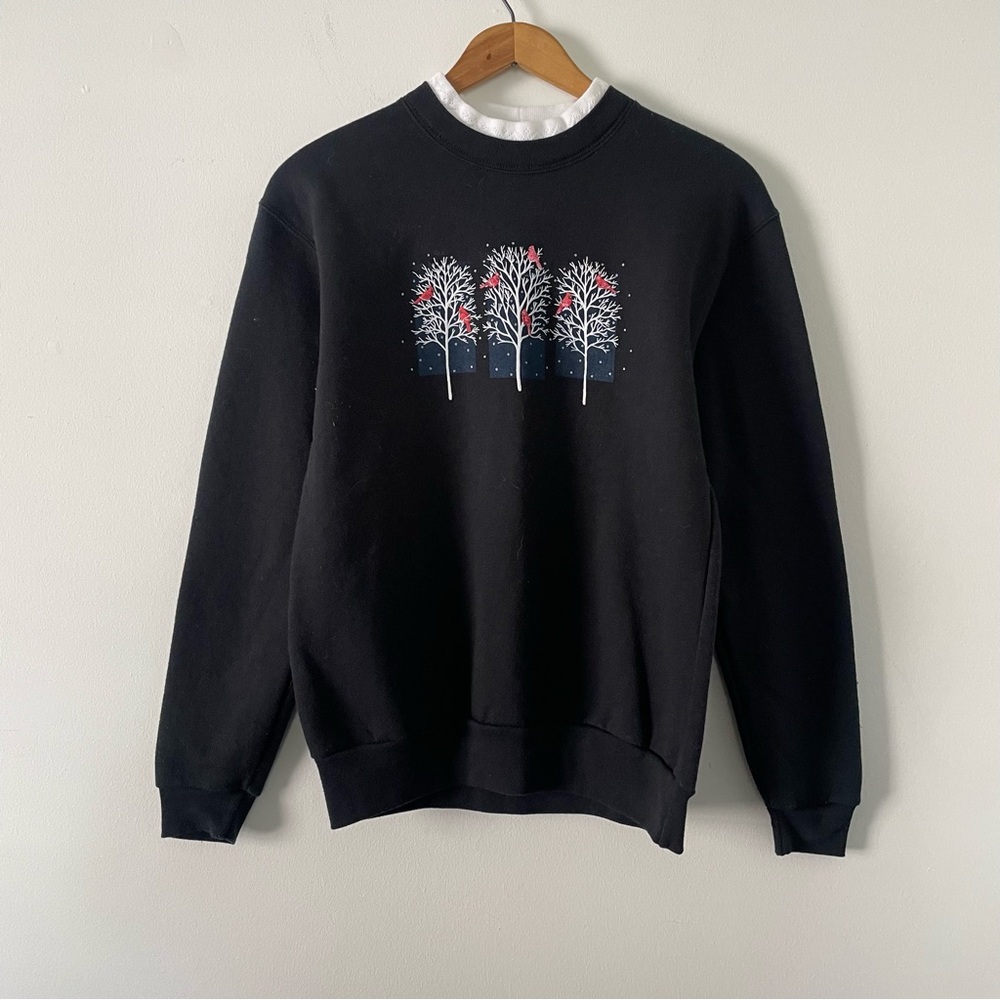 Vintage 90s Day Breeze Black Snowy Bird Print Double Neck Grandma Sweatshirt S